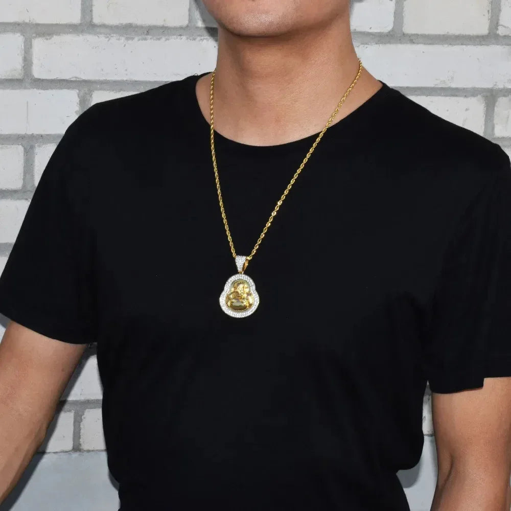 Iced Out Laughing Buddha Pendant | Men's Lucky Hip Hop Necklace | Premium Copper CZ Maitreya Jewelry | Wealth & Good Fortune | Caratix - CaratixJewelry