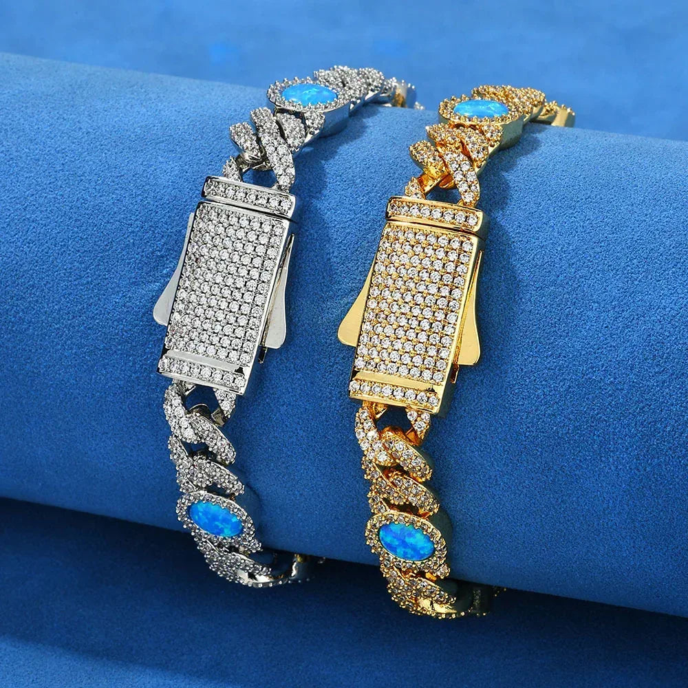 8mm Blue Gemstone Opal Zircon Hip Hop Jewelry Cuban Bracelet - CaratixJewelry