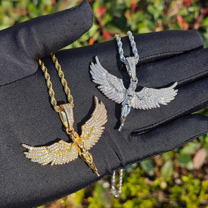 Iced Out Angel Wing Pendant Necklace – Hip Hop CZ Streetwear Jewelry - CaratixJewelry