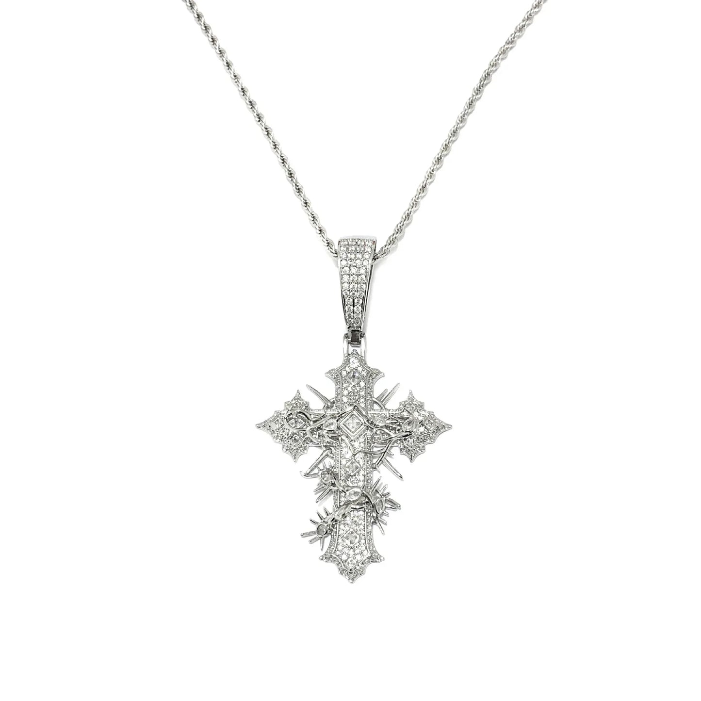 Women's Iced Out Thorned Gothic Cross Pendant | Hip Hop Spiky Cross Necklace | Genuine Copper CZ Jewelry | Street Luxe Bling | Caratix - CaratixJewelry
