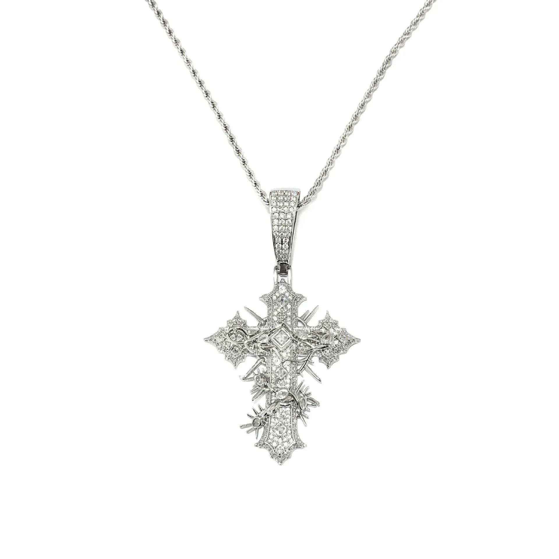 Women's Iced Out Thorned Gothic Cross Pendant | Hip Hop Spiky Cross Necklace | Genuine Copper CZ Jewelry | Street Luxe Bling | Caratix - CaratixJewelry