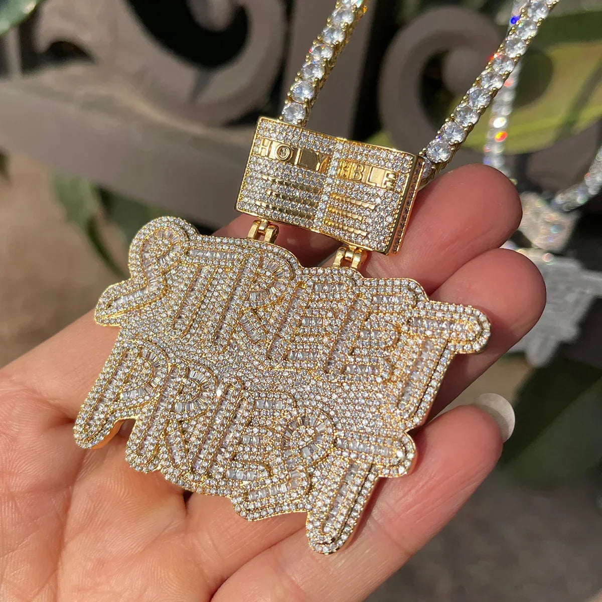 Iced Out "Street Priest" Letter Pendant | Men's Urban Wisdom Necklace | Premium Copper CZ Slogan Jewelry | OG Status Bling | Caratix - CaratixJewelry