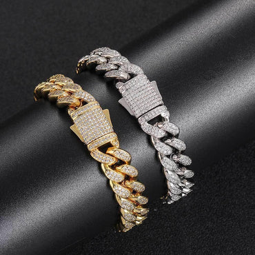 12mm Double Row Zircon Cuban Link Bracelet with Spring Clasp - CaratixJewelry