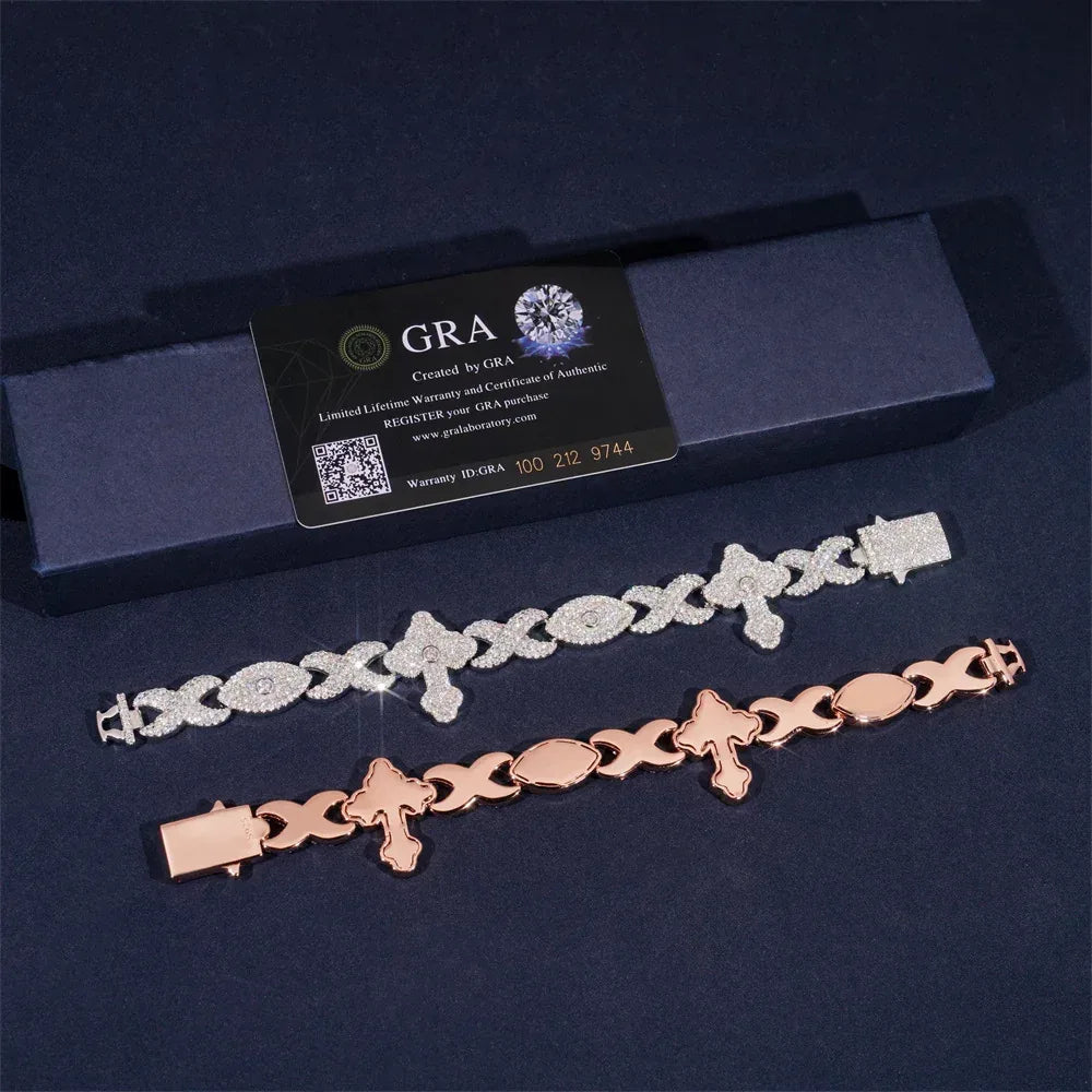 12mm Moissanite Eye & Cross Cuban Link Bracelet – S925 Sterling Silver Iced-Out Hip Hop Men’s Streetwear Jewelry - CaratixJewelry