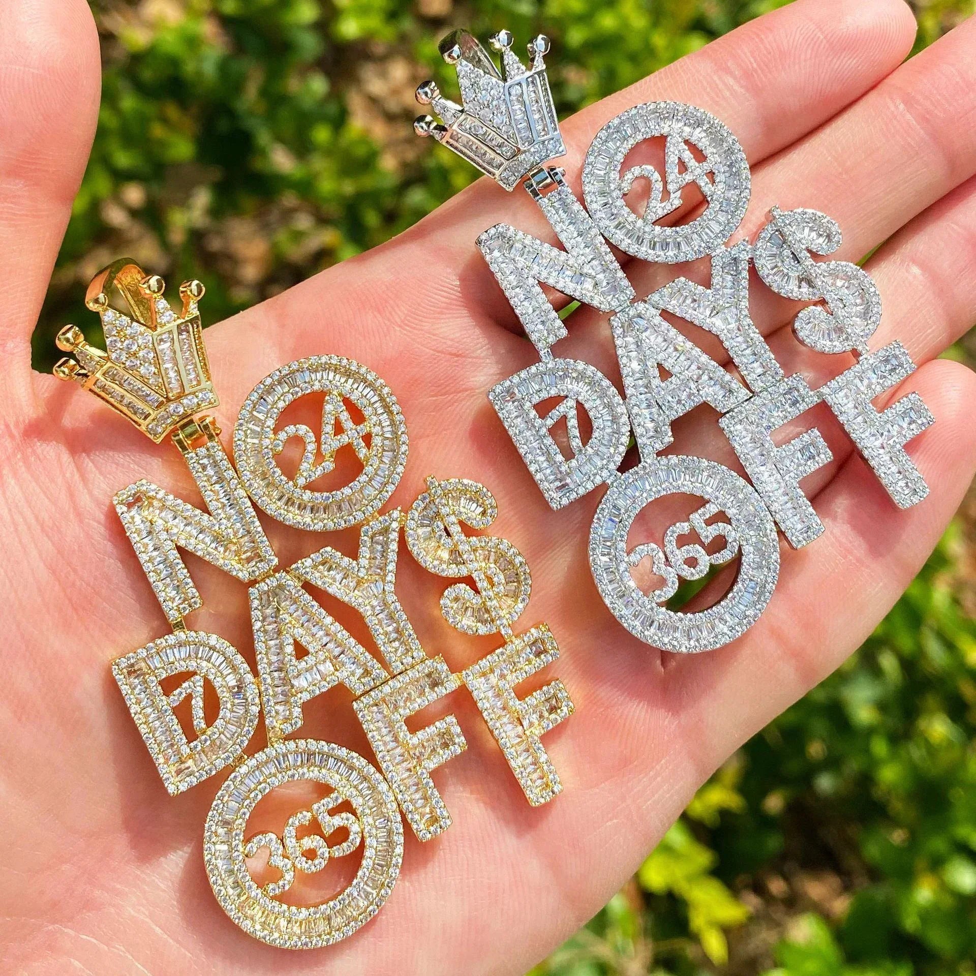 Iced Out "No Days Off" Text Pendant | Gym Fitness & Entrepreneur Jewelry - CaratixJewelry