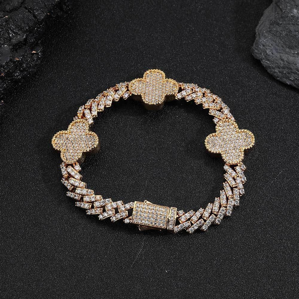 Clover-Shaped Zircon Cuban Link Bracelet with Spring Clasp - CaratixJewelry
