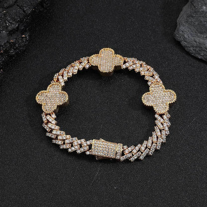 Clover-Shaped Zircon Cuban Link Bracelet with Spring Clasp - CaratixJewelry