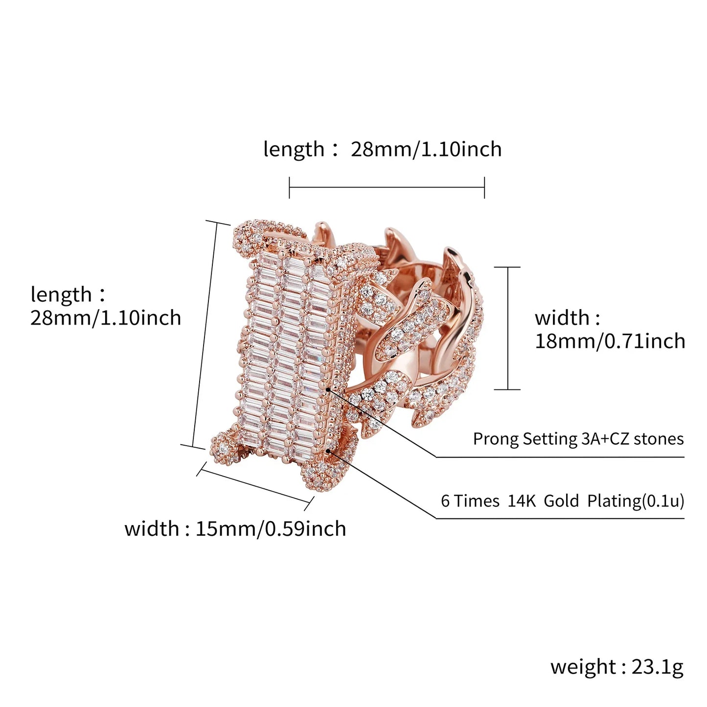 Iced Out Cuban Link Ring | Rectangular Zirconia Men's Band | Caratix