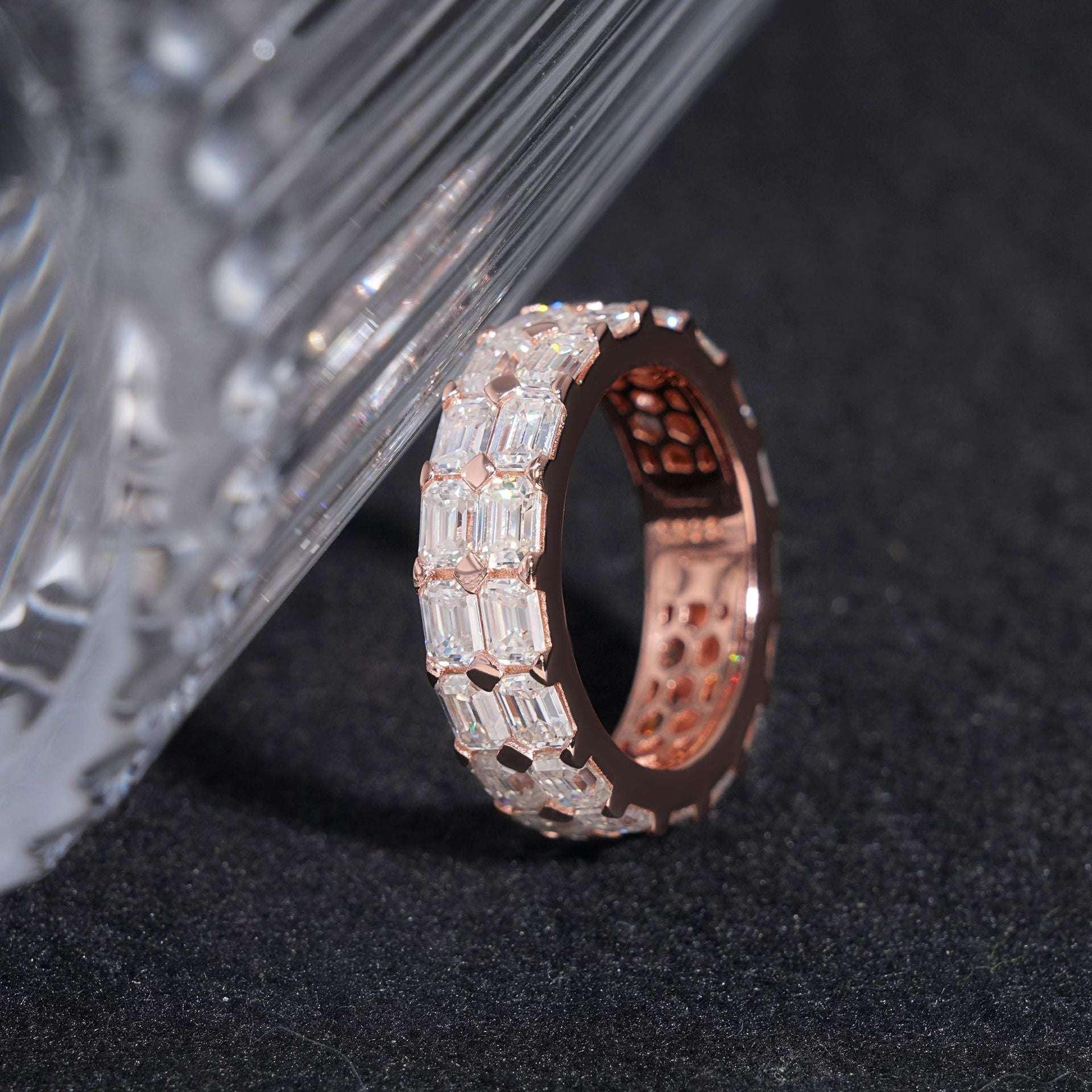 Emerald-Cut Moissanite Ring | S925 Silver Unisex Iced Out Hip Hop Fashion Jewelry - CaratixJewelry