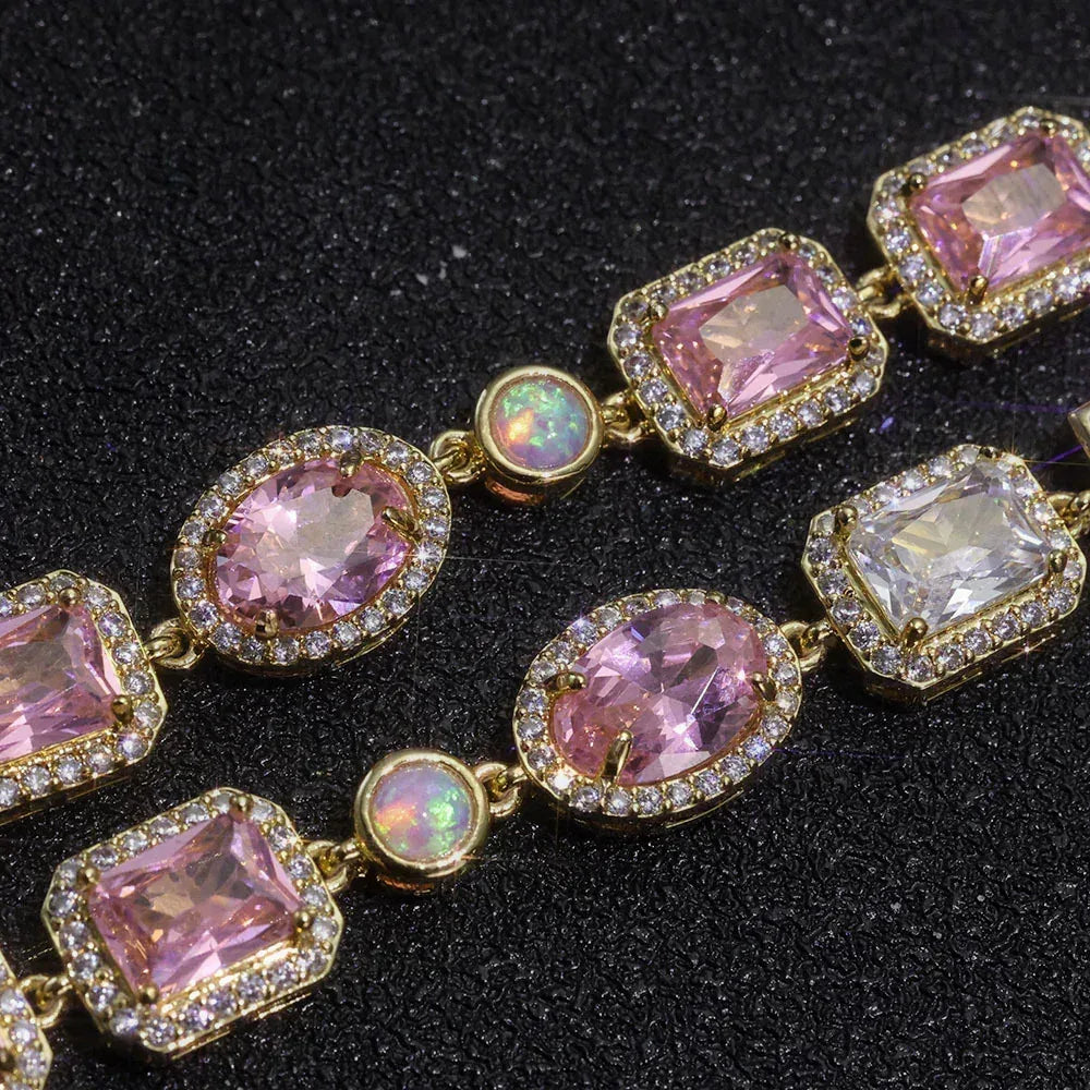 Custom 10mm Pink Gemstone Chain Bracelet Zircon Hip Hop Jewelry | Caratix Jewelry - CaratixJewelry