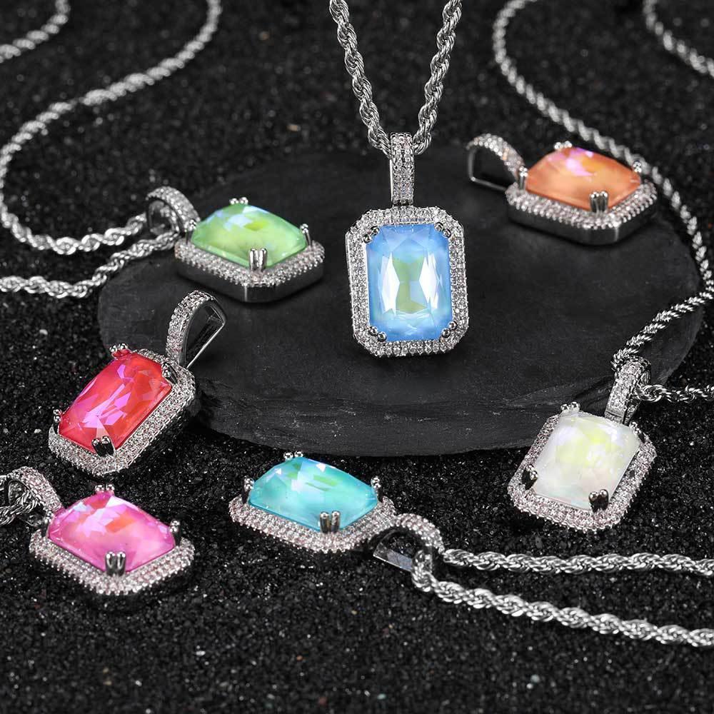 Mocha Fluorescent Square Pendant with Solid Zircon and Colorful Gemstones for Men and Women | Caratix Jewelry - CaratixJewelry