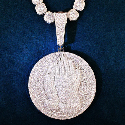 Double-Hand Disc Pendant Necklace | CZ Iced Out Hip Hop Streetwear Sweater Chain - CaratixJewelry