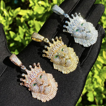 Iced Out Crowned Lion Head Pendant | Men's Real Copper CZ "King" Necklace - CaratixJewelry