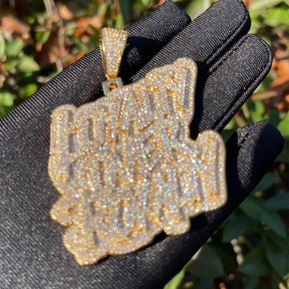 Loyalty over Royalty Iced Out Pendant for Men & Women | Hip Hop Script Lettering Necklace | Premium Copper CZ Jewelry | Unisex Bling | Caratix - CaratixJewelry