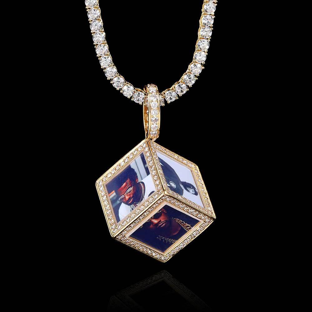 Custom Cube Memory Photo Pendant Necklace with Micro-Pave Zircon Stones | Caratix Jewelry - CaratixJewelry