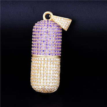 Iced Out Dual-Tone Pill Pendant | Men's Spliced Capsule Necklace | Premium Copper CZ Party Jewelry | Half & Half Trend Bling | Caratix - CaratixJewelry