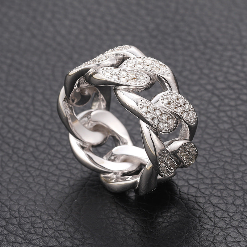S925 Sterling Silver Moissanite Cuban Link Ring – Iced-Out Hip-Hop Chain Band for Men
