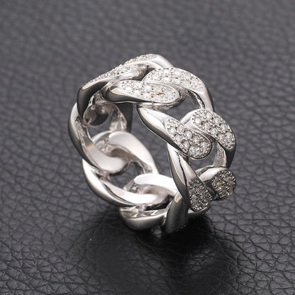 S925 Sterling Silver Moissanite Cuban Link Ring – Iced-Out Hip-Hop Chain Band for Men