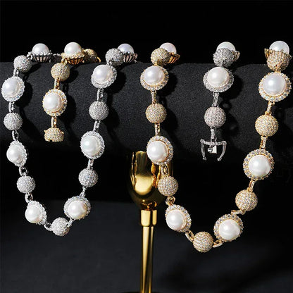 10mm Pearl Moissanite Necklace | S925 Silver Men’s Hip Hop Jewelry - CaratixJewelry