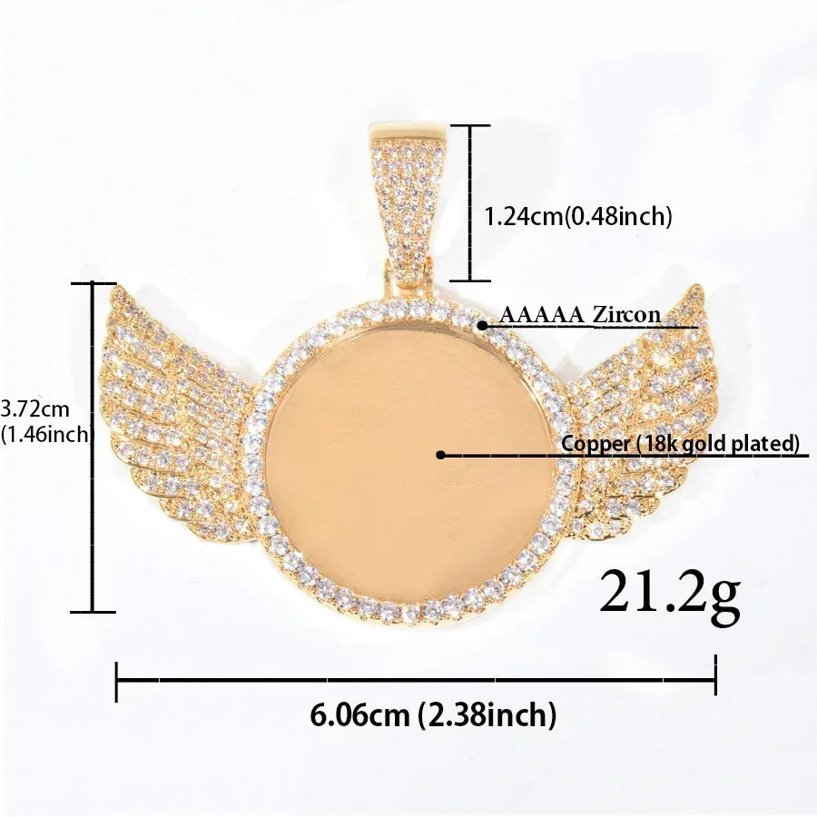 Small Wing Photo Pendant Necklace | CZ Iced Out Custom Picture DIY Couple Jewelry - CaratixJewelry
