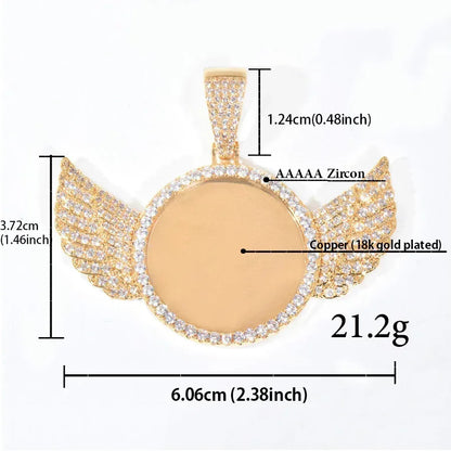 Small Wing Photo Pendant Necklace | CZ Iced Out Custom Picture DIY Couple Jewelry - CaratixJewelry