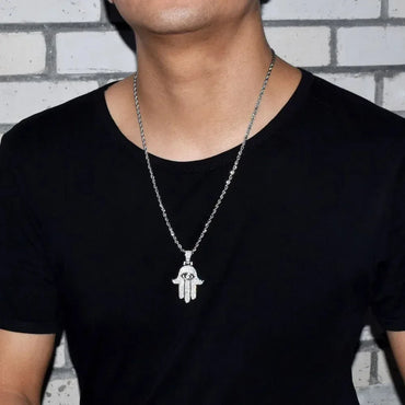 Iced Out Hamsa Hand Pendant Men's Hand of Fatima Necklace Caratix - CaratixJewelry