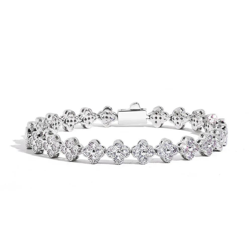 7mm Men's Full Zircon Clover & Plum Blossom Bracelet | Iced Out Floral Link Chain | Premium Iced Out Jewelry | Caratix - CaratixJewelry