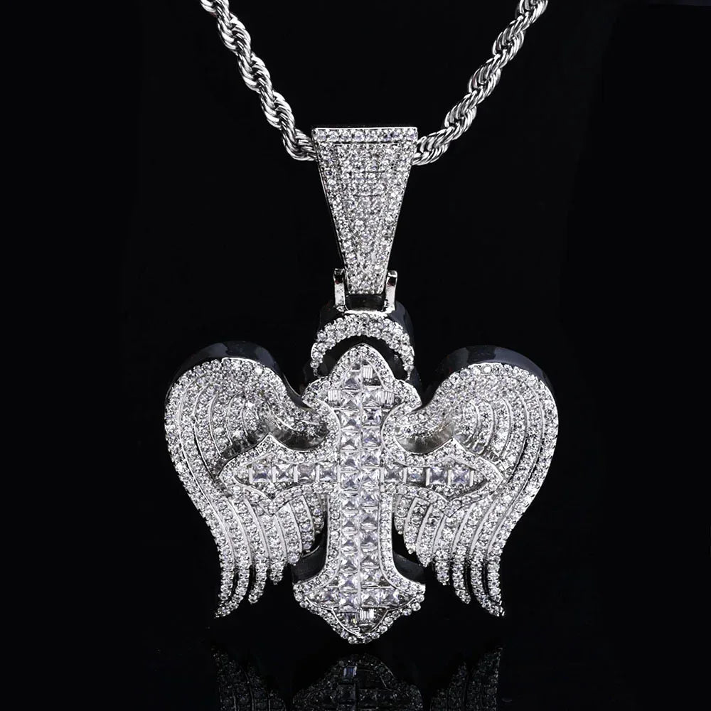 Cross Wing S925 Silver Moissanite Ice Pendant Necklace for Men | Caratix Jewelry - CaratixJewelry