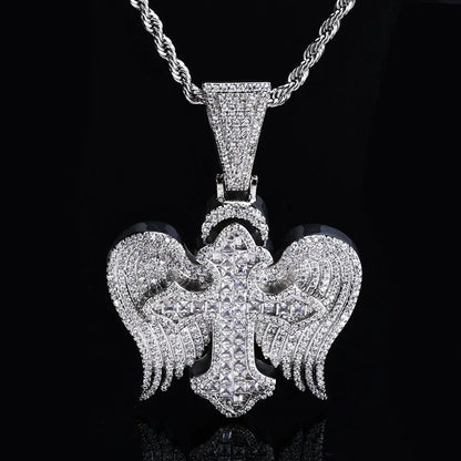 Cross Wing S925 Silver Moissanite Ice Pendant Necklace for Men | Caratix Jewelry - CaratixJewelry