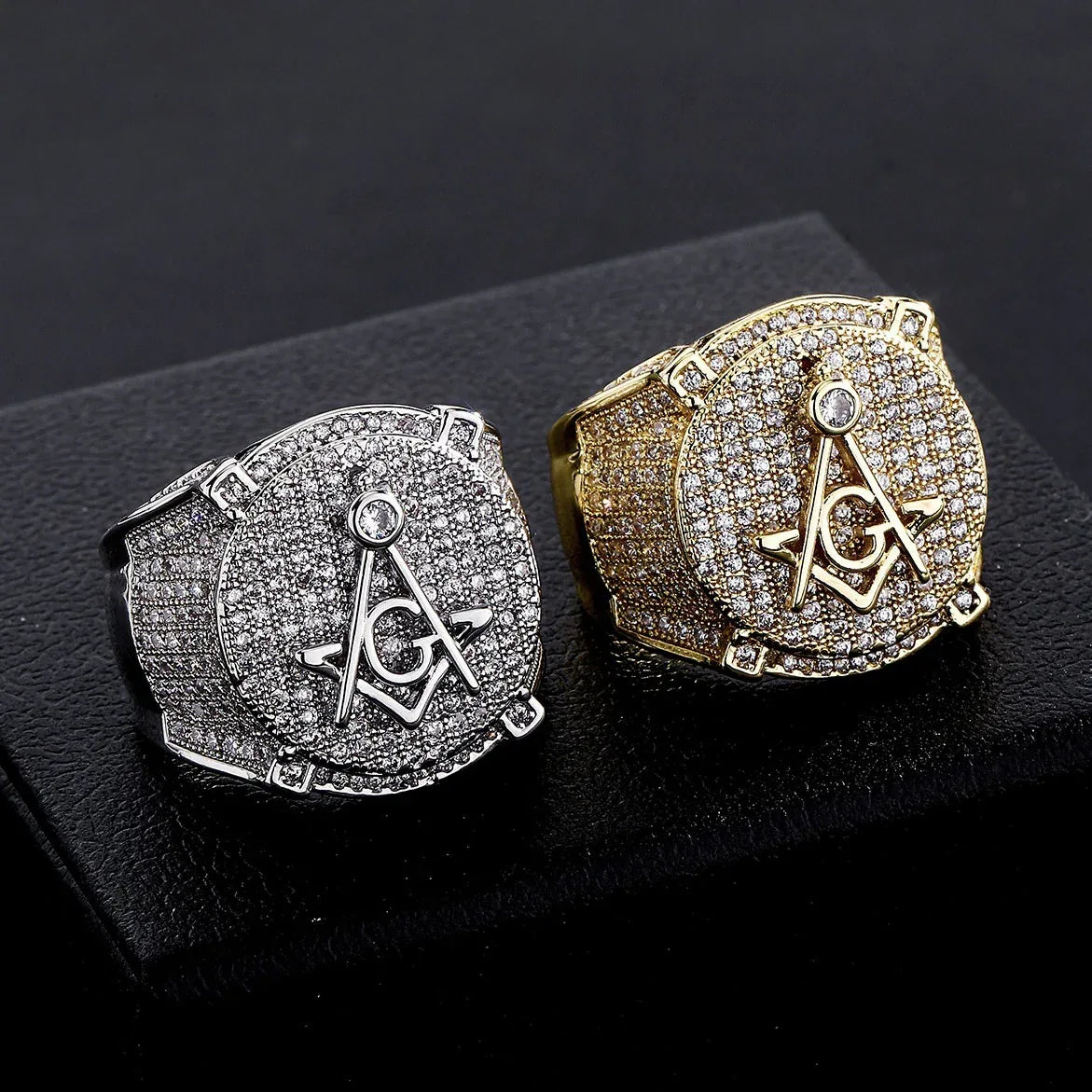 Men's Iced Out Masonic Ring | Retro AG Compass & Square Signet | Caratix