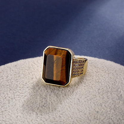 Natural Tiger's Eye Men's Ring | Solid Vintage Signet Band | Caratix