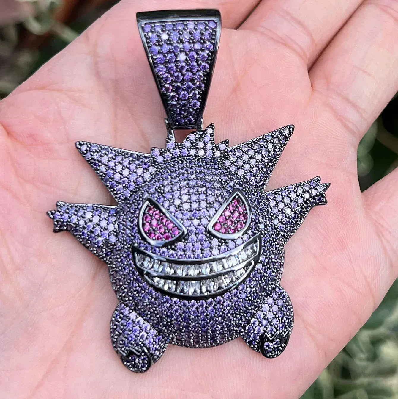 Purple Gengar Pendant Necklace | Iced Out CZ Hip Hop Cartoon Streetwear Jewelry - CaratixJewelry