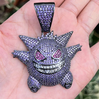 Purple Gengar Pendant Necklace | Iced Out CZ Hip Hop Cartoon Streetwear Jewelry - CaratixJewelry