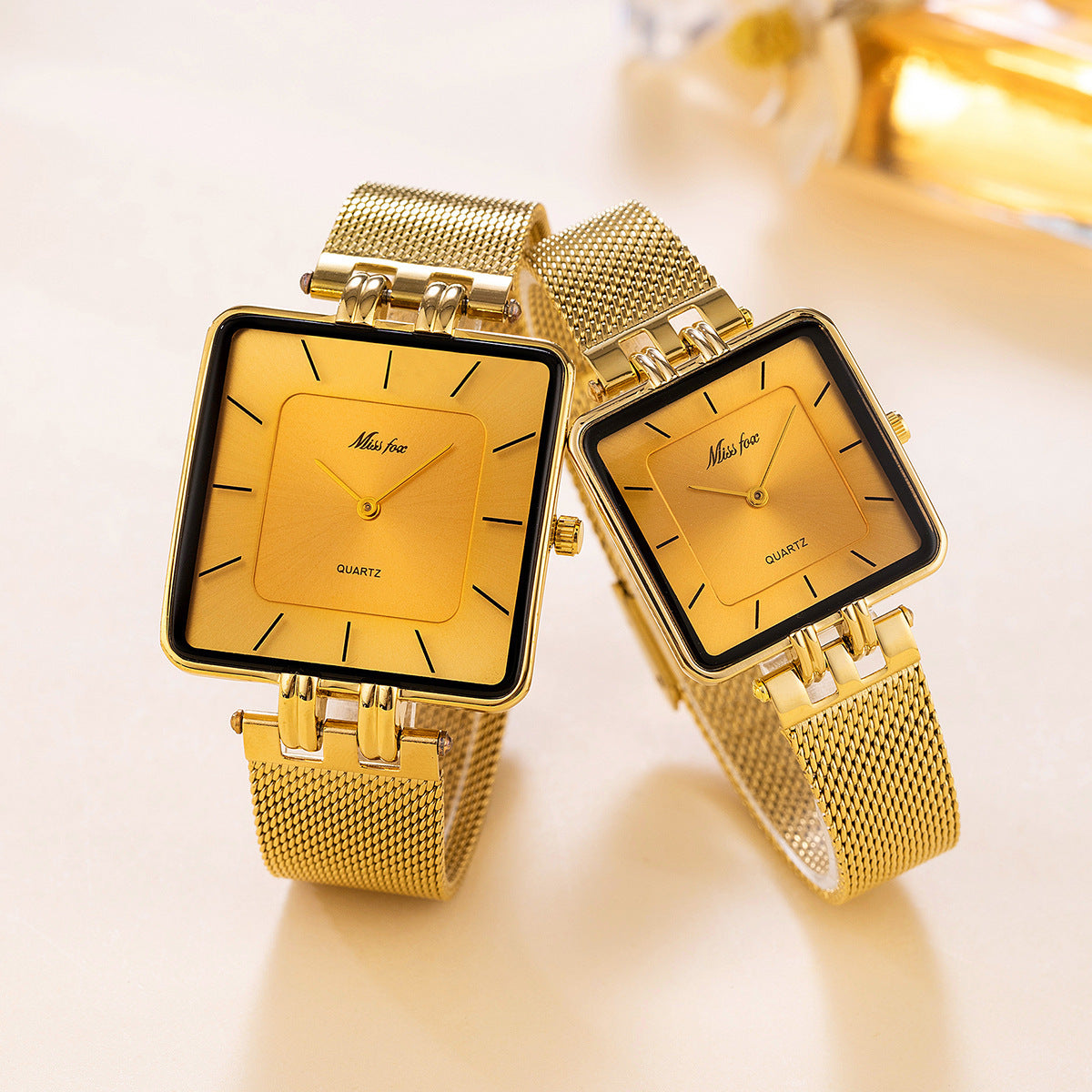Classic Square Gold Watch Stainless Steel Mesh Band | Caratix