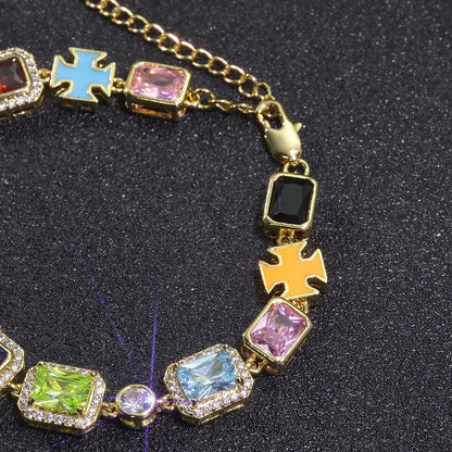 Drip Cross Pendant Colorful Gemstone Hip Hop Bracelet Gold Chain Rapper Style for Men | Caratix Jewelry - CaratixJewelry