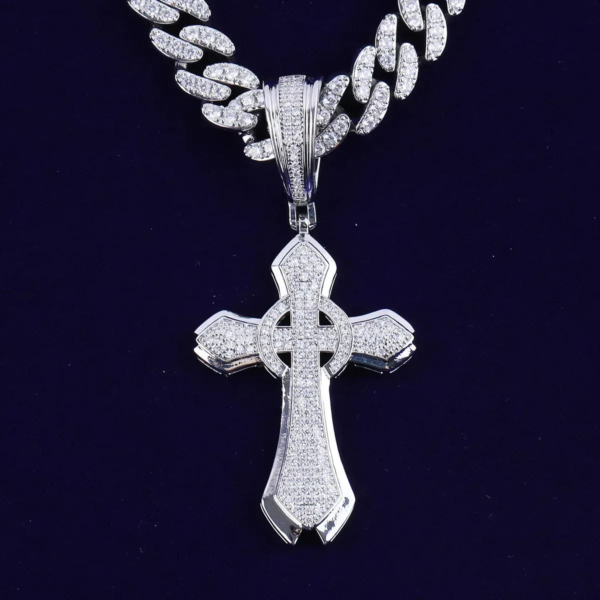 Iced Out Halo Cross Pendant | Women's Round Center Religious Necklace | Premium Copper CZ Elegant Hip Hop Jewelry | Divine Light Charm | Caratix - CaratixJewelry
