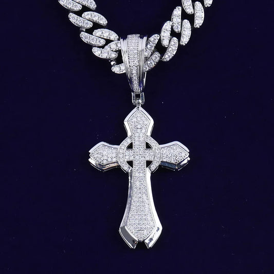 Iced Out Halo Cross Pendant | Women's Round Center Religious Necklace | Premium Copper CZ Elegant Hip Hop Jewelry | Divine Light Charm | Caratix - CaratixJewelry