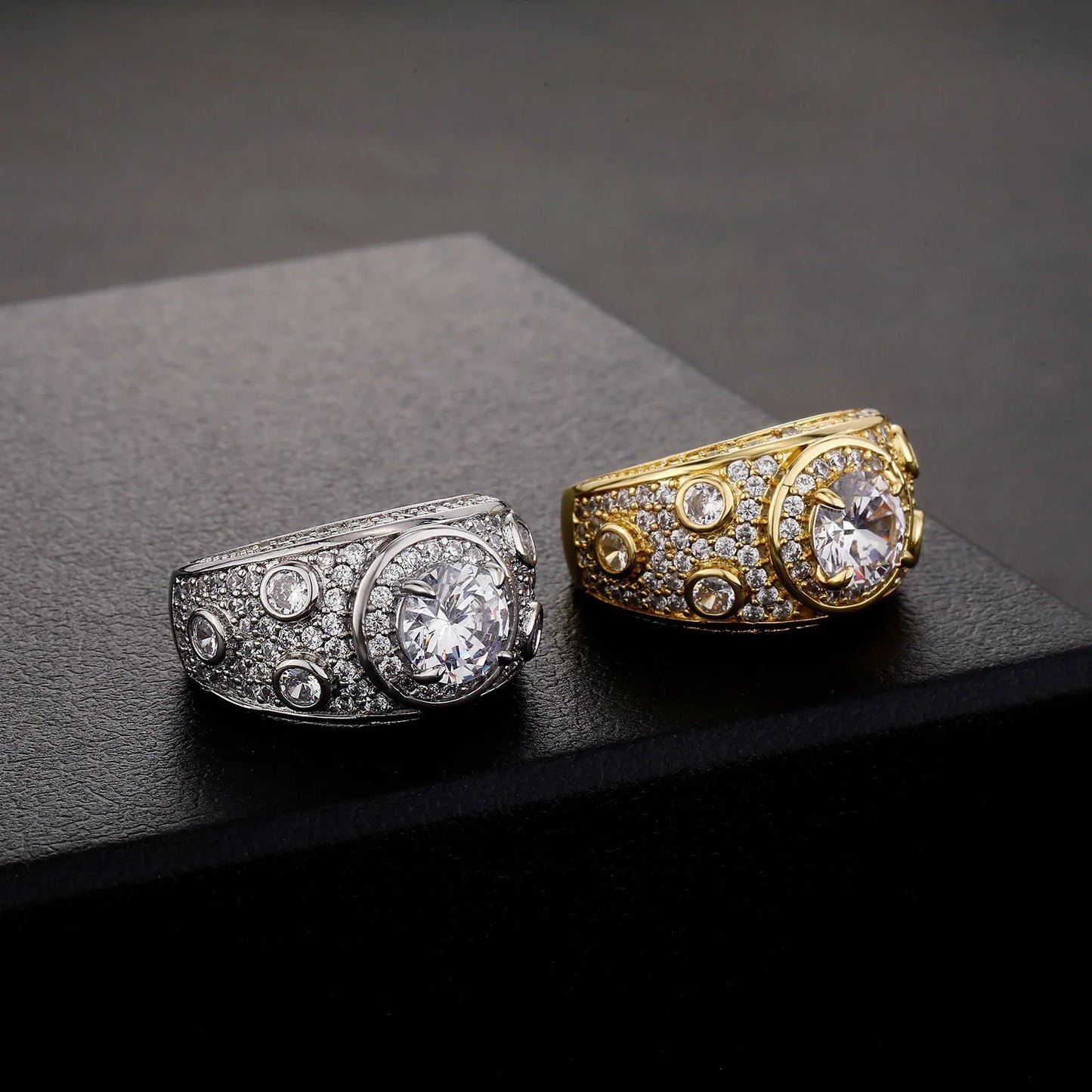Men's Polka-Dot Iced Out Ring | Wide Band Round Zirconia Grid | Caratix