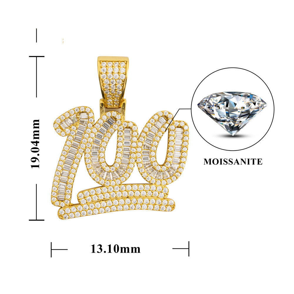 S925 Sterling Silver Moissanite 100 Emoji Pendant | Iced Out Number 100 Charm | Caratix