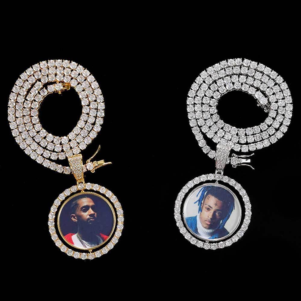 Custom Rotating Double-Sided Round Photo Pendant Necklace with Micro-Pave Zircon Stones | Caratix Jewelry - CaratixJewelry