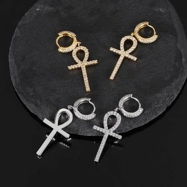 Ankh Key Cross Earrings with Micro-Pave Zircon Stones for Men and Women | Trendy Hip Hop Jewelry | Caratix Jewelry - CaratixJewelry