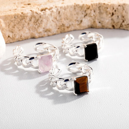S925 Sterling Silver Square Crystal Ring | Natural Gemstone Open Band | Caratix