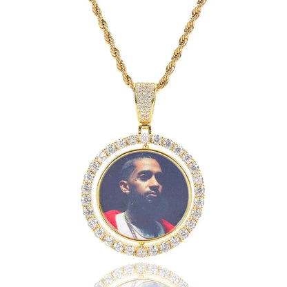 Custom Rotating Double-Sided Round Photo Pendant Necklace with Micro-Pave Zircon Stones | Caratix Jewelry - CaratixJewelry