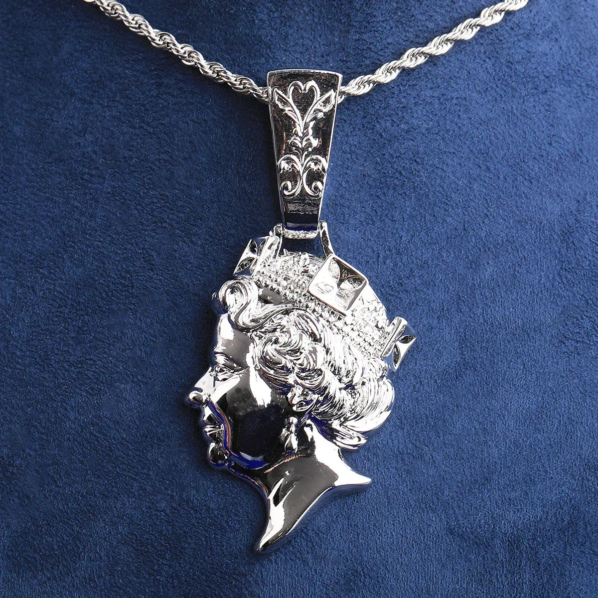 Iced Out Queen Elizabeth Portrait Pendant | Men's Real Copper CZ Necklace - CaratixJewelry