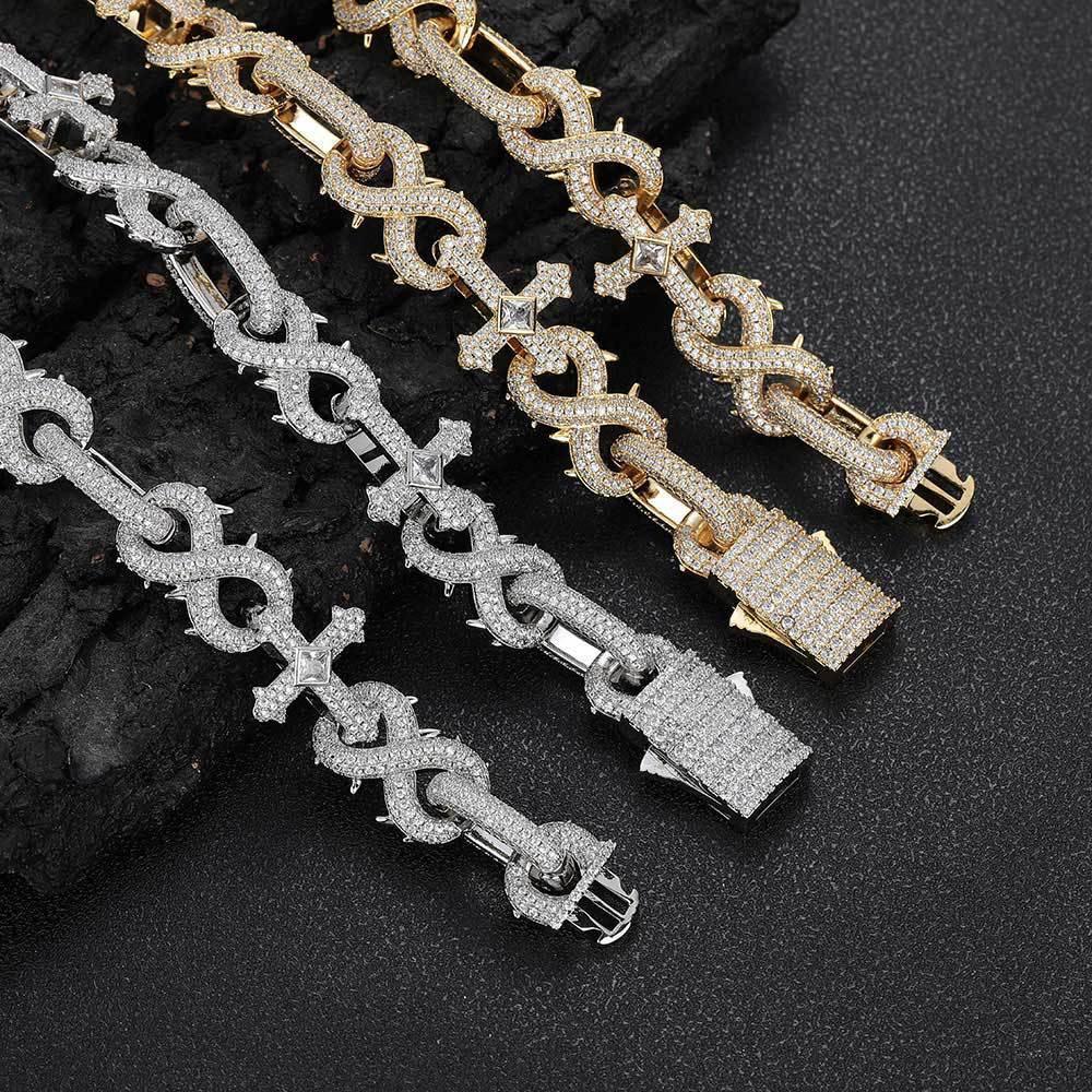 Thorn Cross Moissanite Cuban Link Chain with Figure-8 Clasp – Custom S925 Sterling Silver Iced-Out Hip Hop Men’s Streetwear Necklace - CaratixJewelry
