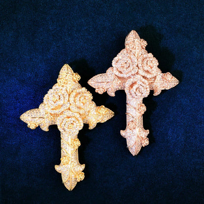 Iced Out Rose Cross Pendant Rope Chain Necklace - CaratixJewelry