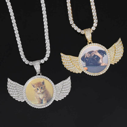 Custom Angel Wings Round Photo Pendant Necklace with Zircon Stones for Men | Caratix Jewelry - CaratixJewelry