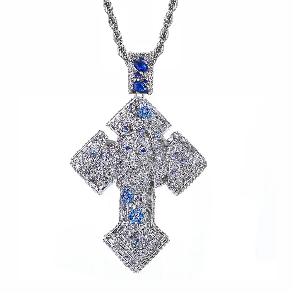 Custom Pendant Necklace with Portrait & Blue Flower Cross | Iced-Out Art Jewelry | Caratix - CaratixJewelry