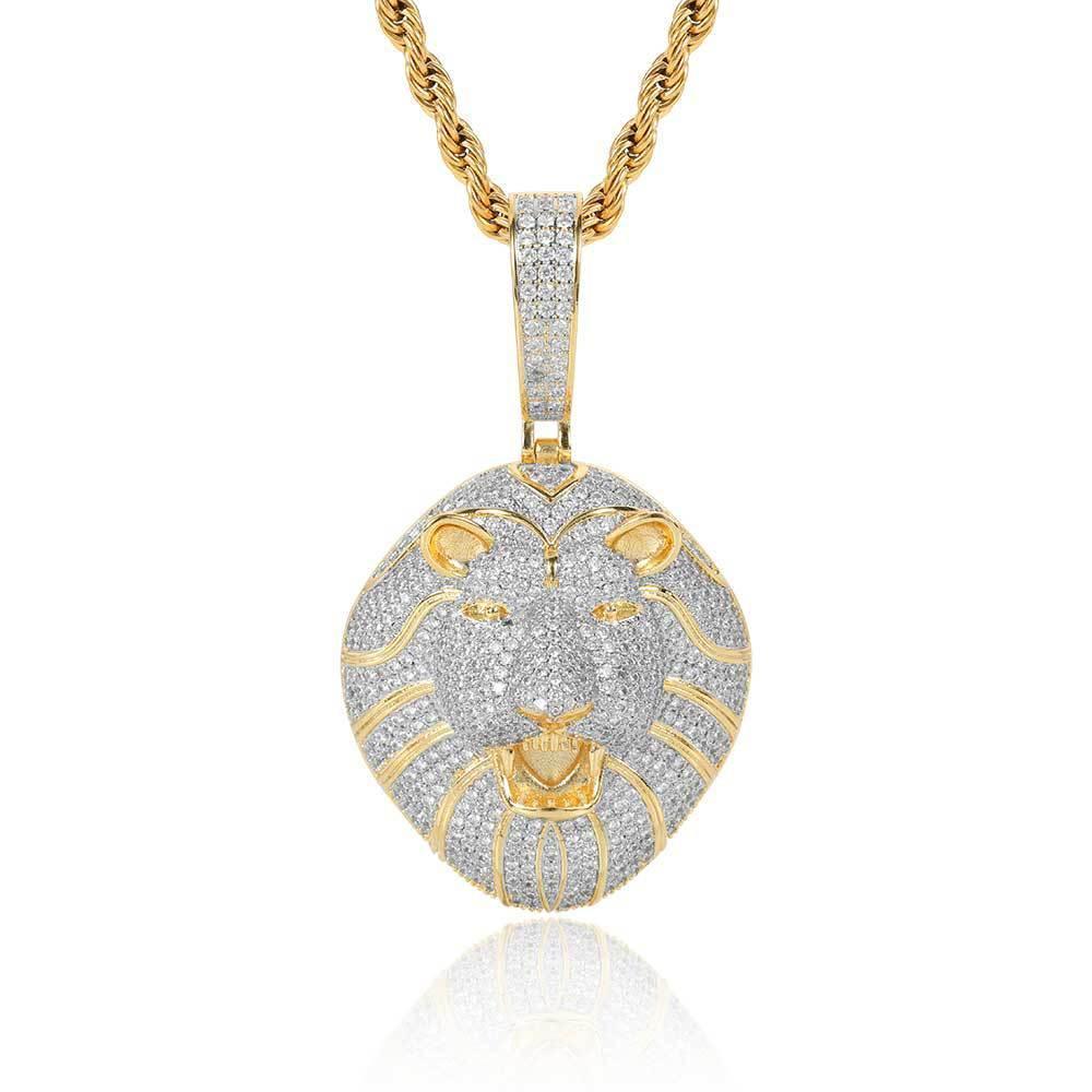 Solid Lion Head Pendant Necklace with Micro-Pave Zircon and Gold Plating for Men | Caratix Jewelry - CaratixJewelry