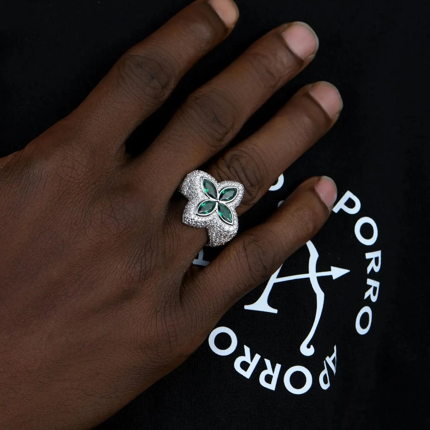 Men's Iced Out Flower Ring | 3D Lucky Clover Hip Hop Band | Caratix